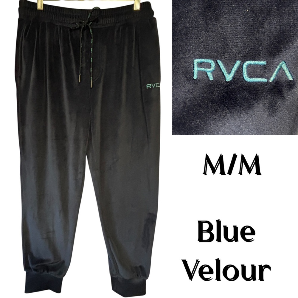 RVCA Loungewear Joggers Blue Velour Med Elastic & Drawstring Waist rib knit cuff
